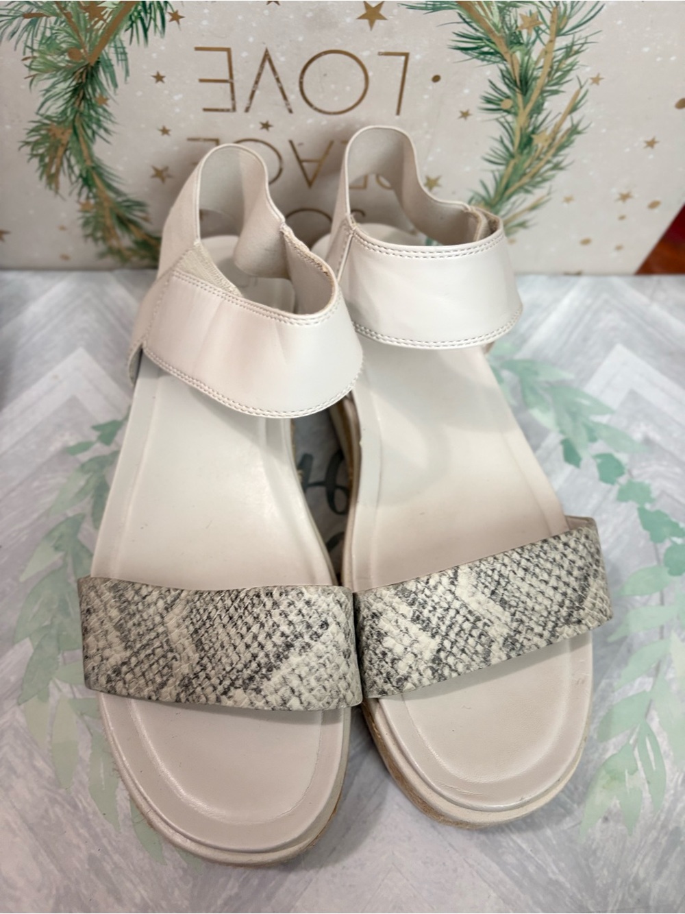 Franco Sarto White Ankle-Strap Sandals with Snake-Print Toe
